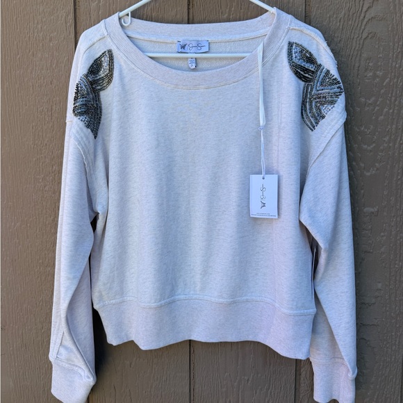 NWT Jessica Simpson Cream Cropped Sweatshirt with Silver Sequin Shoulders Sz L - Picture 4 of 9
